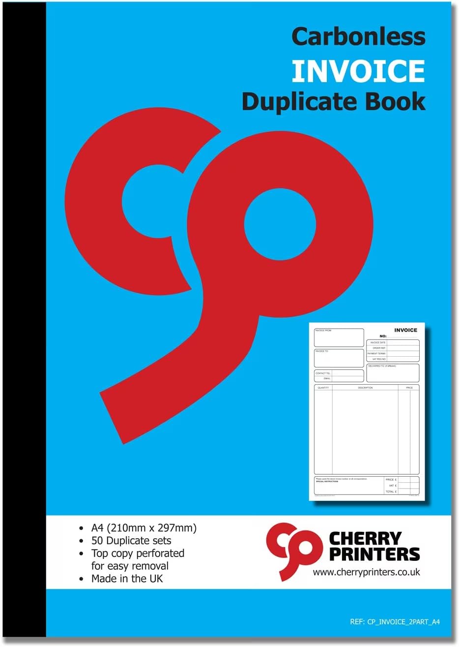 Cherry Printers Carbonless NCR Invoice Book | Duplicate Book | A4 | 50 Sets | **2 Pack** | Perfect for The self-Employed, Small and Larger Businesses
