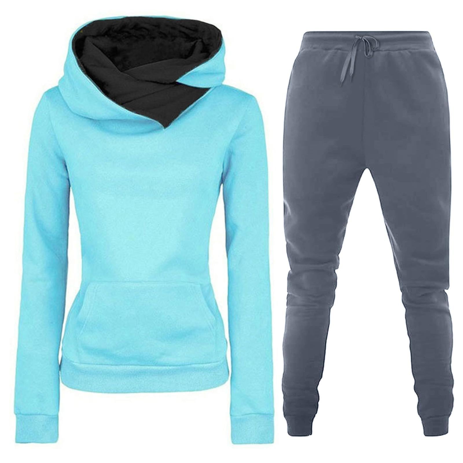 Generisch Tuta sportiva da donna in cotone, vestibilità ampia | Tuta da jogging in due pezzi con cappuccio, tinta unita, calda, tuta sportiva Y2K, a maniche lunghe, per il tempo libero