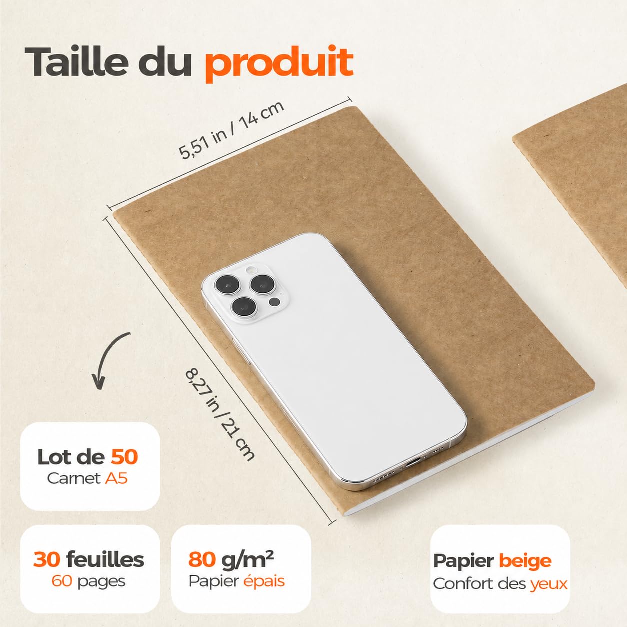 Lot De 50 Carnets Kraft A5, 60 Pages Quadrillées, 21x14 cm, Cahiers Kraft | Couverture Kraft Naturelle, Papier 80 g/m², Pour Écoles, Bureaux, Classes, Ateliers, Notes, Croquis, Réunions Et Devoirs