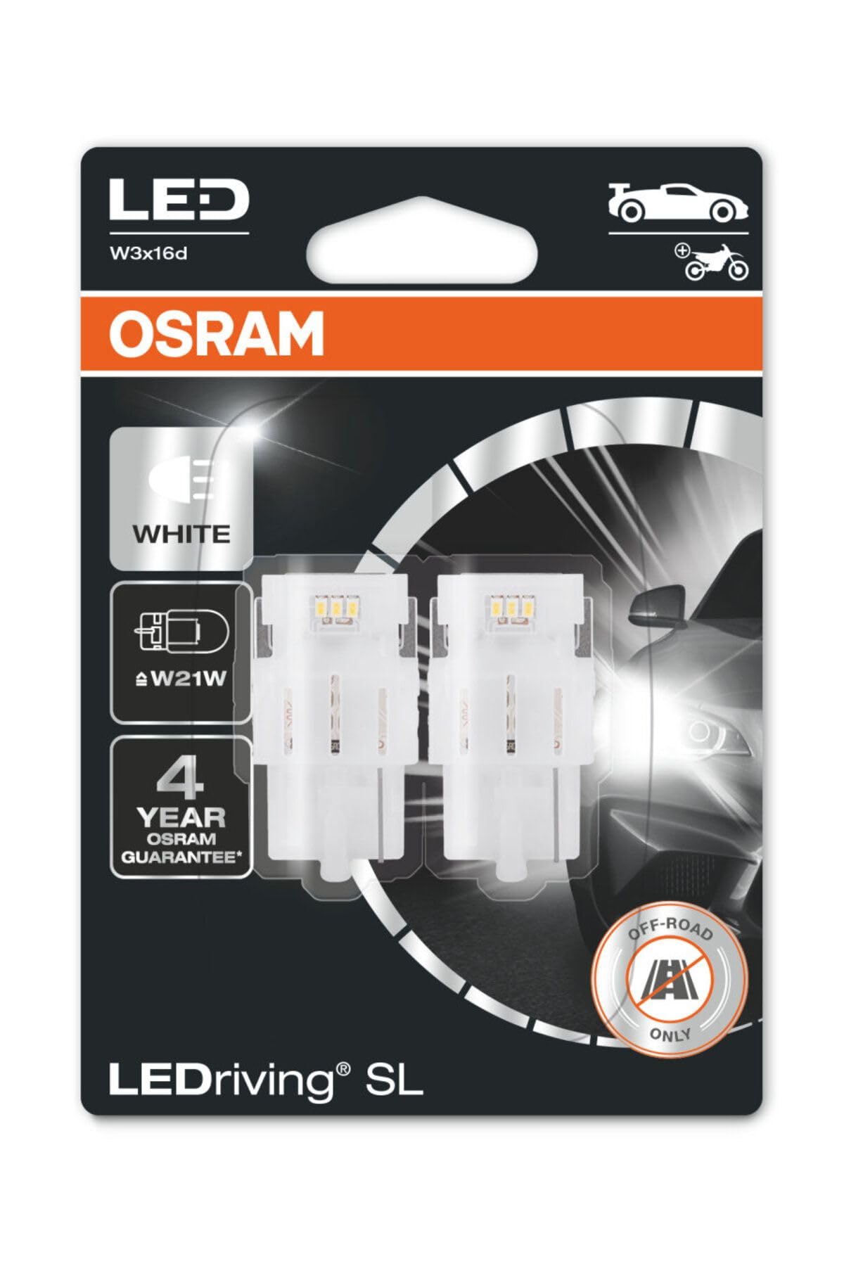 OSRAM LEDriving SL, ≜ W21W, Signal lights, White 6000K, LED Retrofit, off-road use only, Blister (2 lamps)