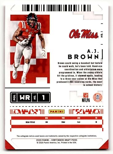 Miniatura 2 de 2020 Panini Contenders Draft Picks #1A.J. Brown Ole Miss Rebels Football Cards NM Near Mint Football Card