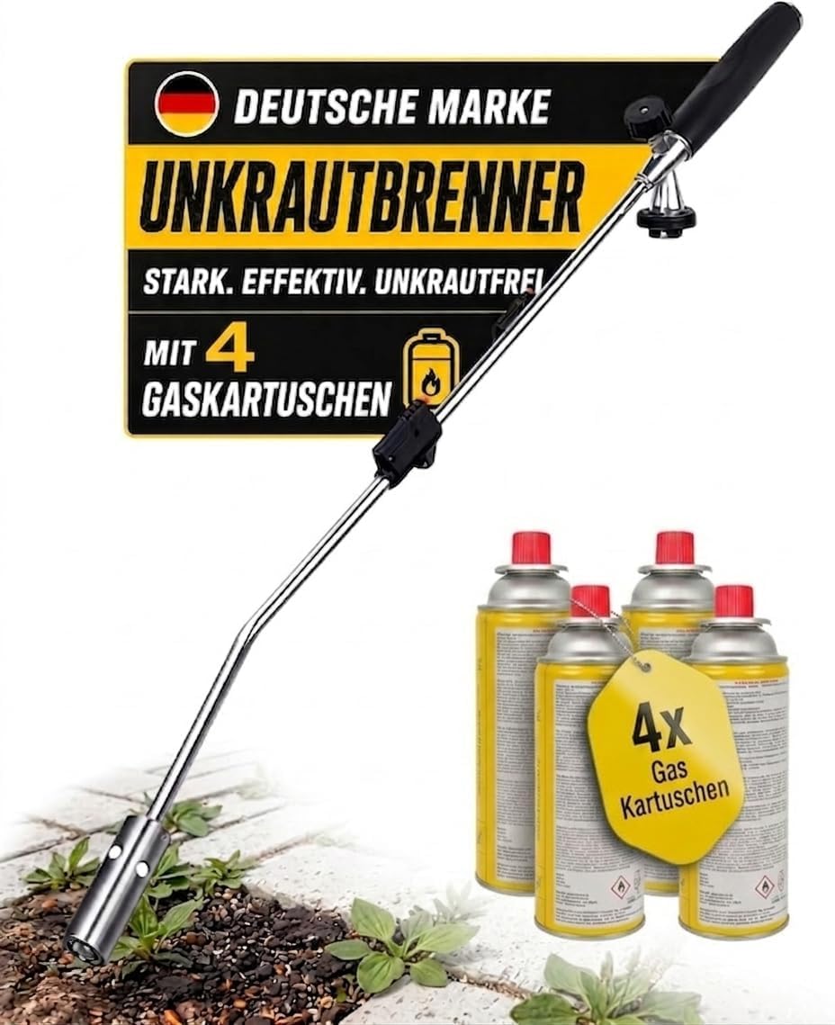 Unkrautbrenner [1100°] mit Piezozündung – professionelles Abflammgeraet mit robustem Griff & stufenloser Flammenregelung – ergonomischer Unkrautvernichter 80 cm – inkl. 4 Gaskartuschen