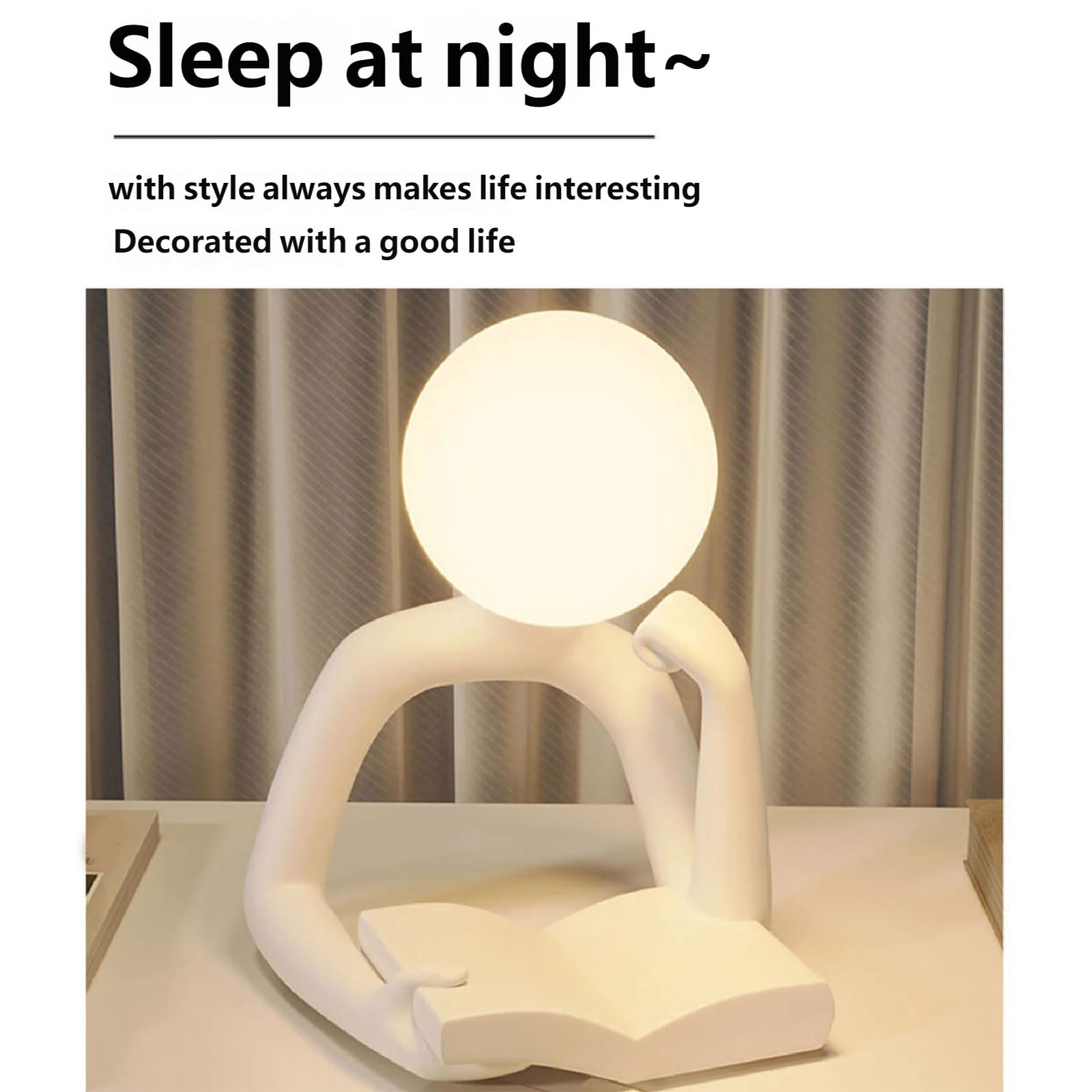Lampada da scrivania con statuetta lettura artistica, Black | Lampada da scrivania moderna a forma personaggio in resina, decorazione da comodino, luce duratura,