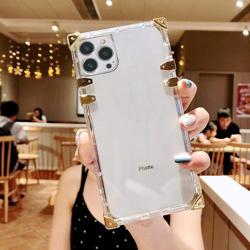 ZBCLV for iPhone 14 6.1" Clear Case,Fashion Box Design Cute Clear Transparent Gold Corner Soft TPU Trunk Cover Phone Skin,Clear