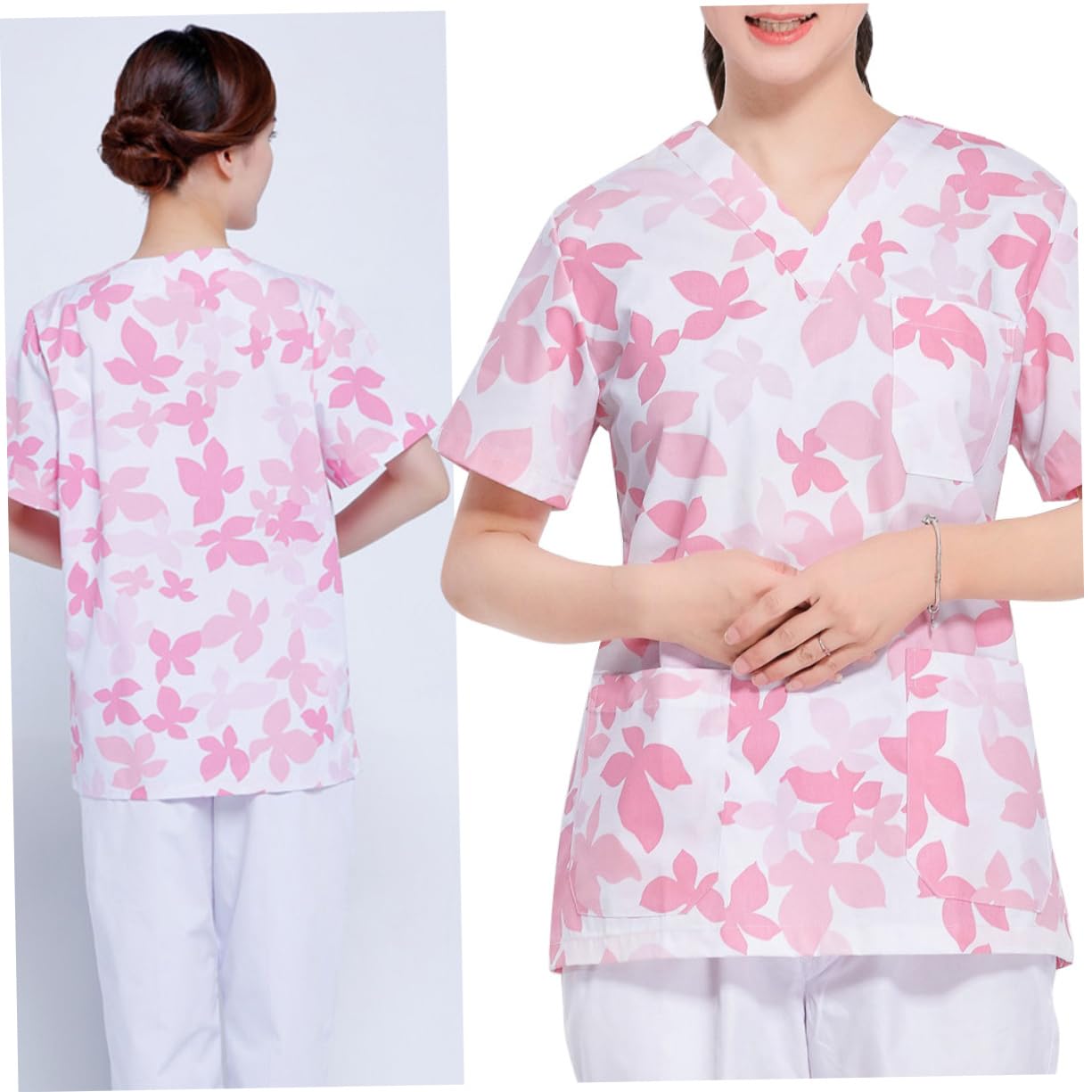 SHERCHPRY Uniforme da Lavoro Donna in Cotone Rosa, Completo Allattamento Scollo a V, Traspirante e Comodo, Set Due Pezzi per Clinica e Ospedale
