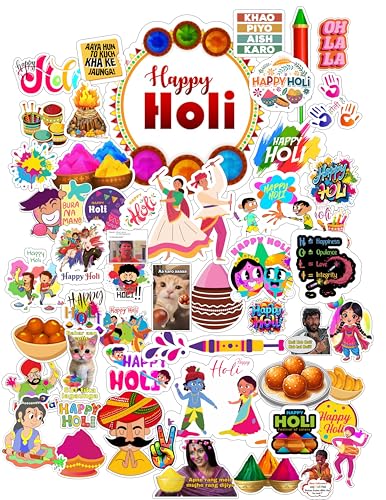 Image of Happy Holi Festival Stickers, 50+ Waterproof Vinyl Decals for Laptop, Mobile Phone, Guitar, Journal, Multicolour Self Adhesive