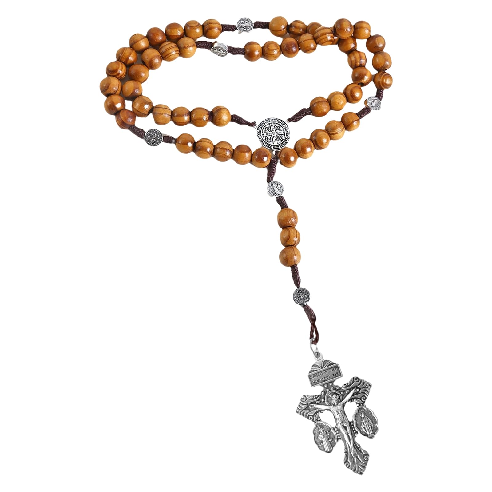 GENGENER Rosary Braided Wood Beads Necklace with Pardon Crucifix Medals for Catholic Christians Prayer Chain Religious Communion