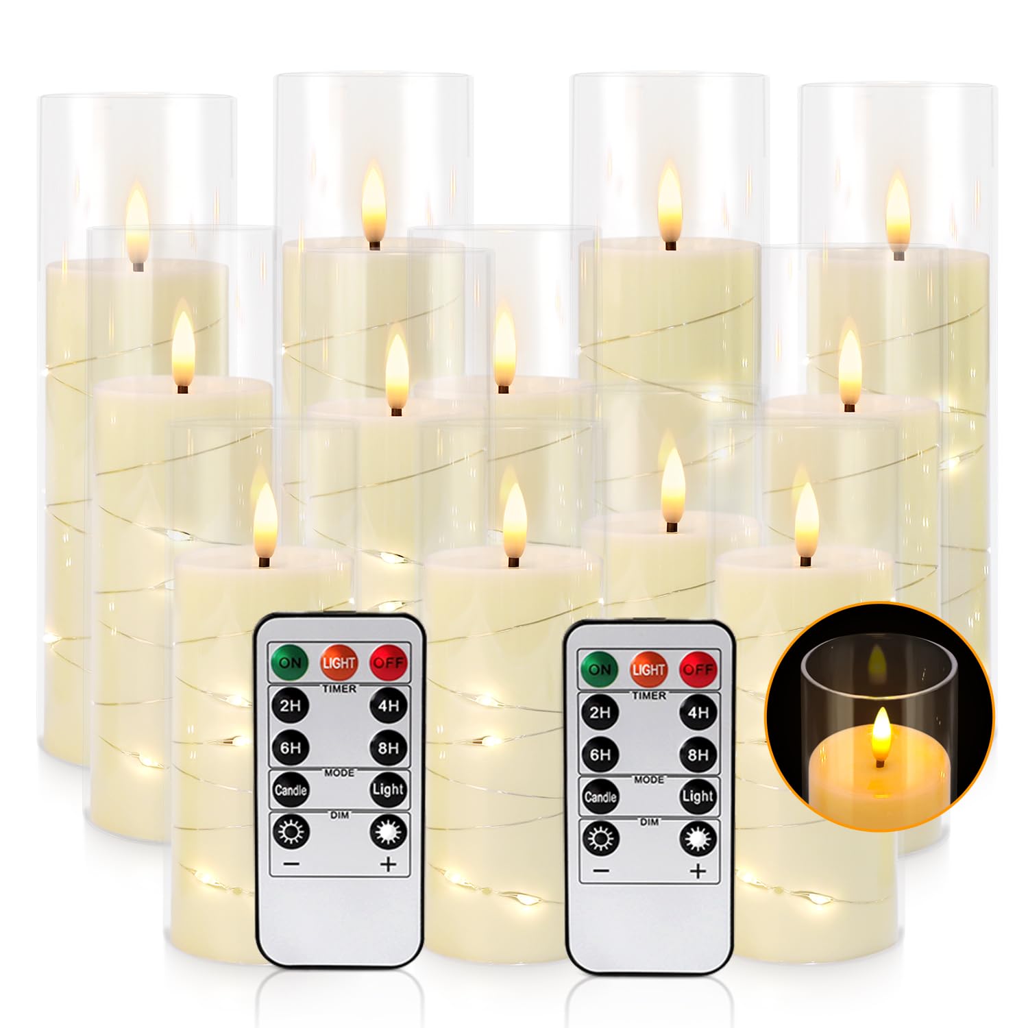 LIVEN Lot 12 bougies LED sans flamme en double paroi acrylique, 2 télécommandes avec minuterie 2/4/6/8h, décoration pour Noël mariage salon cheminée
