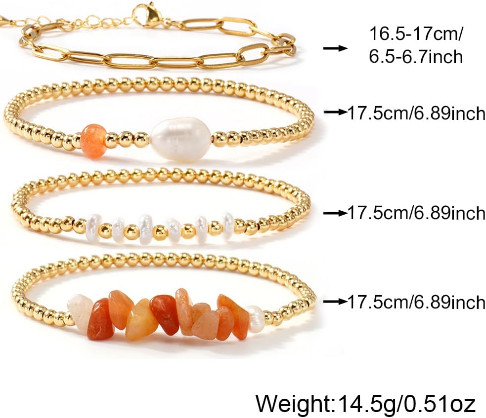 Gold Beaded Bracelets for Women Handmade Pearl Colorful Crystal Paperclip Link Chain Bracelet Stack Stretch Elastic Boho 14K Gold Plated Beads Stackable Trendy Jewelry Friendship Gift - Image 6