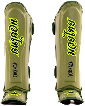 YOKKAO Muay Thai Designer Shin Guards Superior Protection and Support for Muay Thai, Kickboxing, and MMA - Premium Quality and Stylish Design for All Skill Levels Late Show Olive, Medium