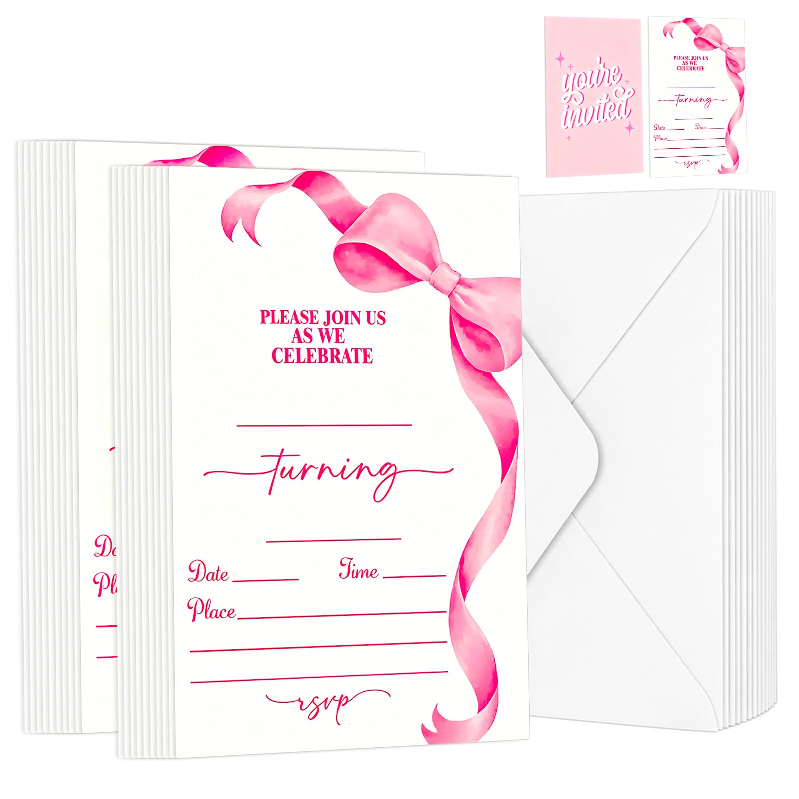 20Sets Pink Bow Party Invitations, Elegant Birthday Invitations for Girls, Women, Cute Party Invites with White Envelopes, Birthday Invites for Baby Showers, Princess Parties, Weddings & Celebrations