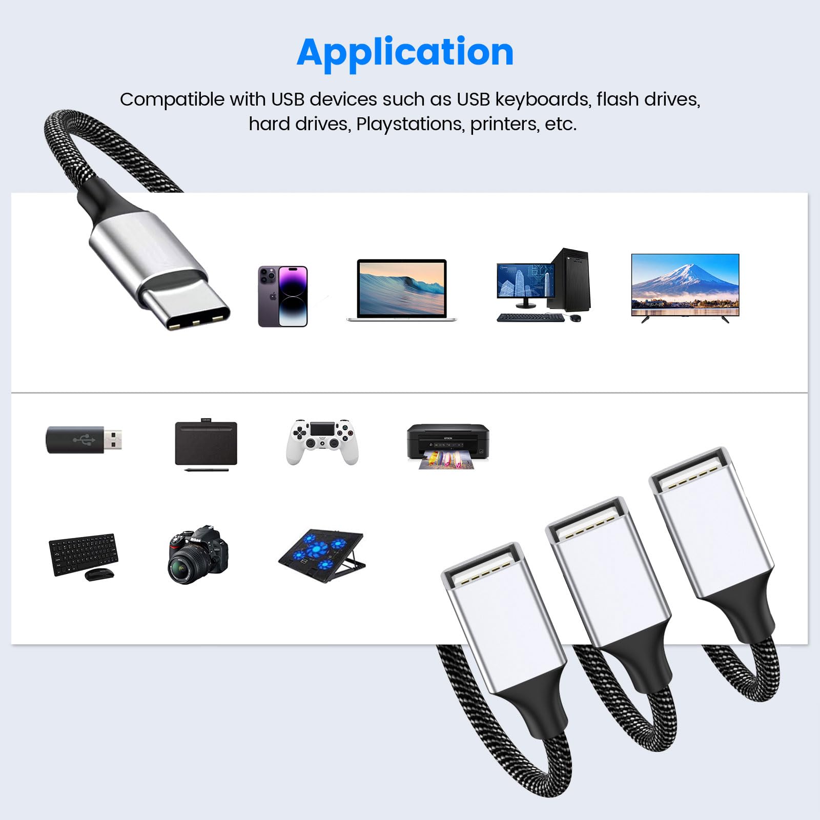 Fidioto Cable USB C macho a 4 USB hembra, adaptador de cargador tipo C a 3 USB, hub para laptop, tablet, teléfono, unidad de disco flash, consolas de juegos