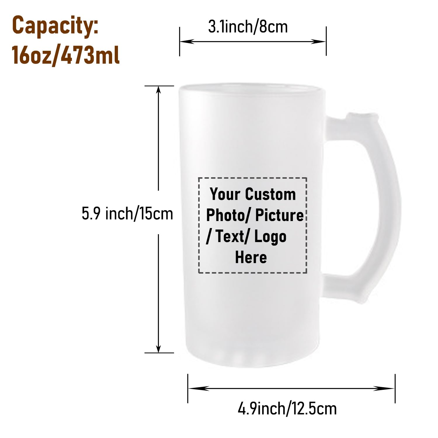 Custom 16oz Glass Beer Mug with Handle Personalized Photo Picture Text or Logo Glass Mug Great Gifts for Men and Women on Birthdays Father's Day Halloween Wedding Christmas (1, Custom Mug)