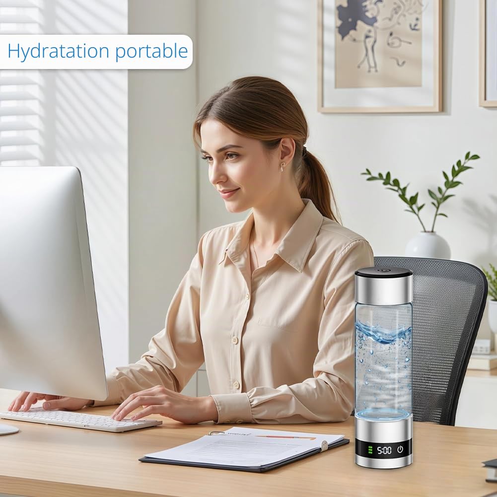 Bouteille d'Eau Hydrogénée Portable 460 ML, Ioniseur d'Eau avec Technologie SPE/PEM, Génération d'Eau Riche en Hydrogène Haute Concentration en 5 Minutes, Usage Maison, Bureau et Salle de Sport