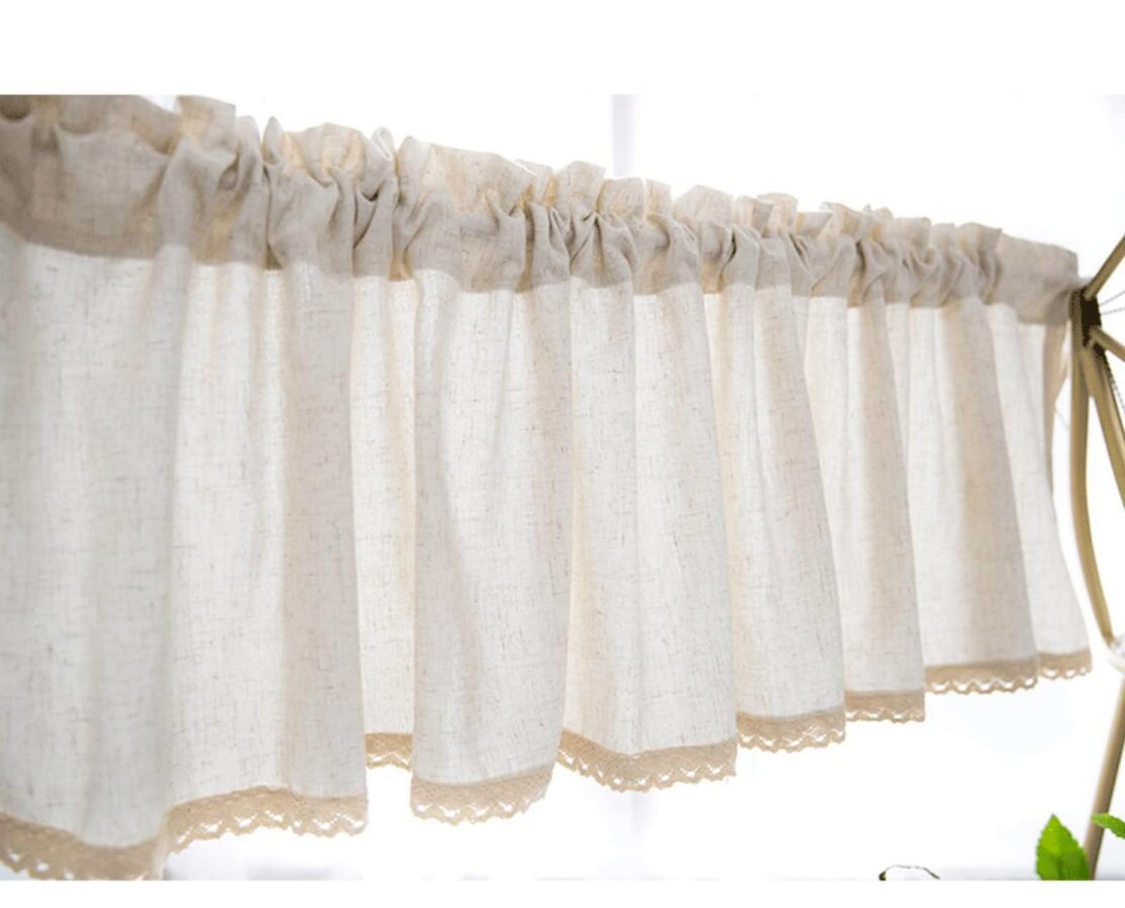 A.Monamour Tenda Corta Per Piccole Finestre in Lino Cotone Beige Con Pizzo Uncinetto - Mantovana Opaca Mezza Per Cucina, Bistrot, Caffè, Porta, Camera Da Letto, Finestra A Vetro