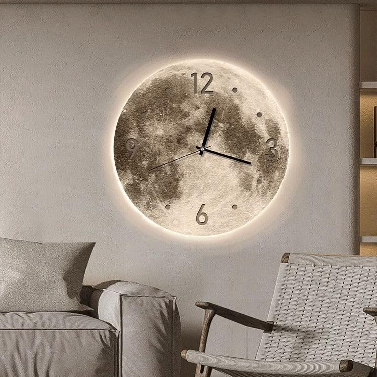 AAVEDA reloj de pared luminoso silencioso de 12 pulgadas, reloj de luz nocturna LED, sin tictac, patrón de luna redonda, decoración para sala de estar, baño y dormitorio