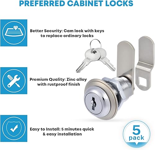 Miniatura 4 de Kohree Juego de 5 cerraduras de leva para gabinete, con llave igual de 1-18 pulgadas, cerraduras de leva seguras, cajón, aparador, buzón, cilindro