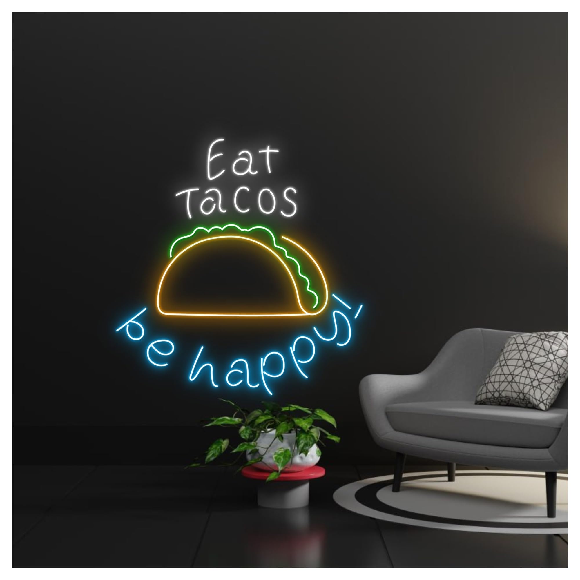 RONGCH Hanging Art Neon Signs Eat Tacos Be Happy Neon Sign, Suitable for Restaurant Shop Decor with Dimmable 50cm