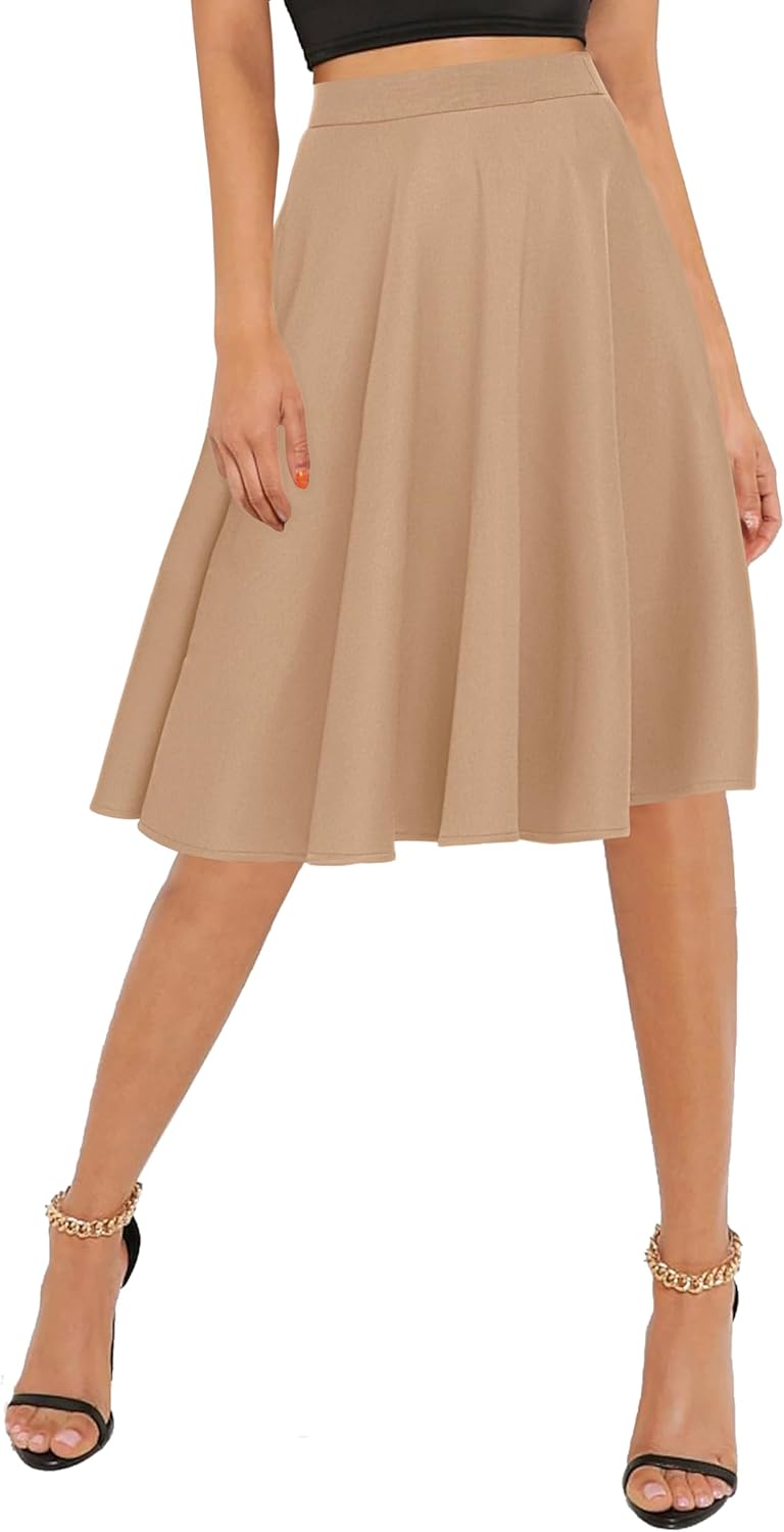 Urban CoCo Women's Basic Elastic Waist A-line Solid Flared Midi Skirt - Image 2