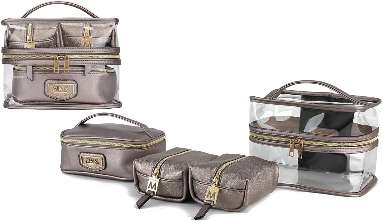 MKF Collection 4PCS Stylish Cosmetic Bag Portable Makeup Travel Organizer Case Pewter Silver by Mia k