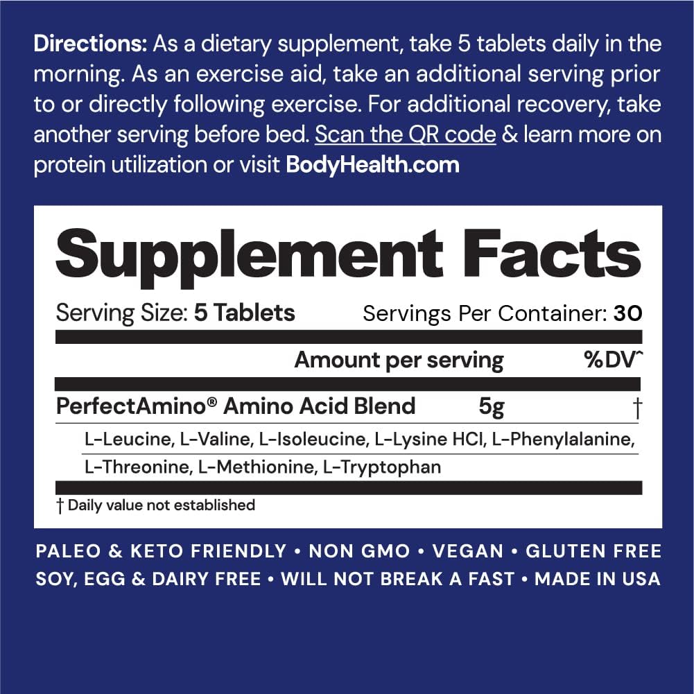 BodyHealth PerfectAmino (150 ct) Easy to Swallow Tablets, Essential Amino Acids Supplement with BCAAs, Vegan Protein for Pre/Post Workout & Muscle Recovery with Lysine, Tryptophan, Leucine, Methionine