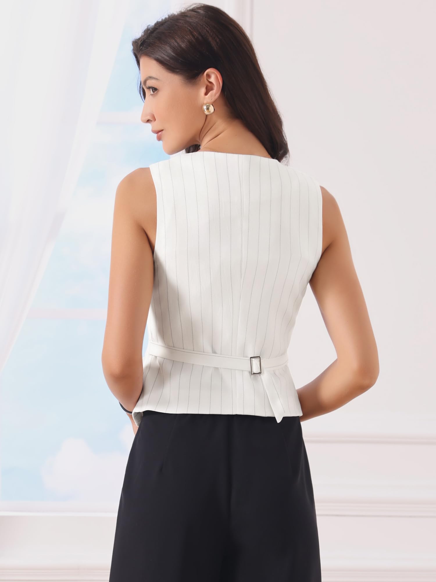 Allegra K Chaleco de Traje Mujer A Rayas Cuello En V Blazer Sin Mangas Con Botones