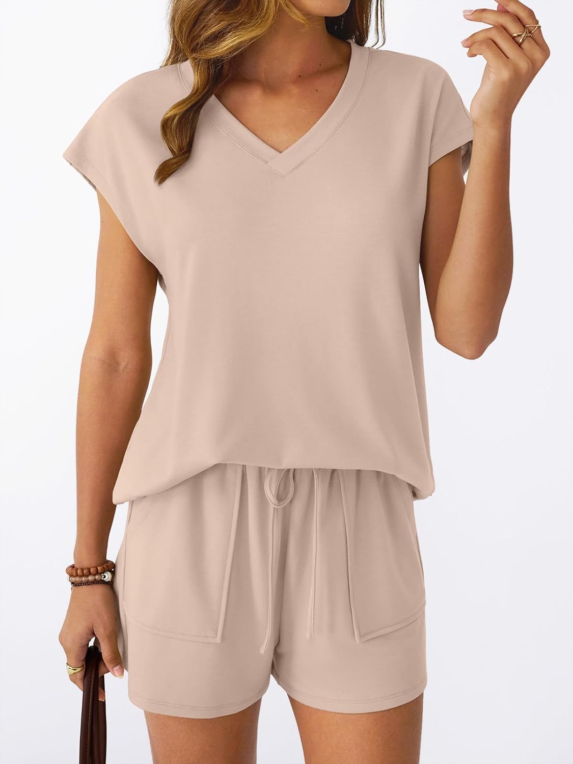 AUTOMET Women 2 Piece V Neck Matching Lounge Sets Clothing Spring Cap Sleeve Shirt and Shorts 2026 Summer Airport Outfit - Image 2