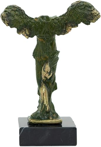 Miniatura 5 de Helcee Pátina de oxidación verde hecha a mano con alas de la victoria de samotracia estatua sobre base de mármol blanco y negro, 5 pulgadas