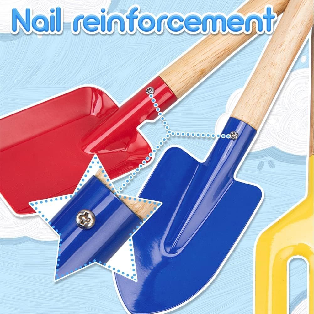 Beach Toys for Kids, 6Pcs 8'' Kids Gardening Tools Sand Toys Set, Metal Garden Tools with Sturdy Wooden Handle, Cylinder, Spoon, Fork, Rake, Flat & Pointed Shovel, Gifts for Children