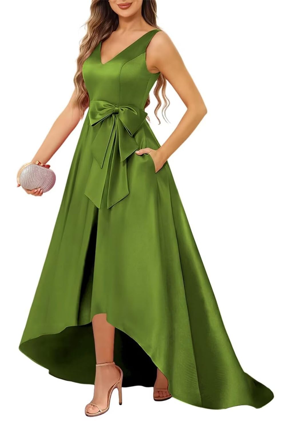 Kurface Women's Olive Green Mother Of Groom Dresses For With Pockets Sleeveless Elegant Formal Dress Party Gown Uk14