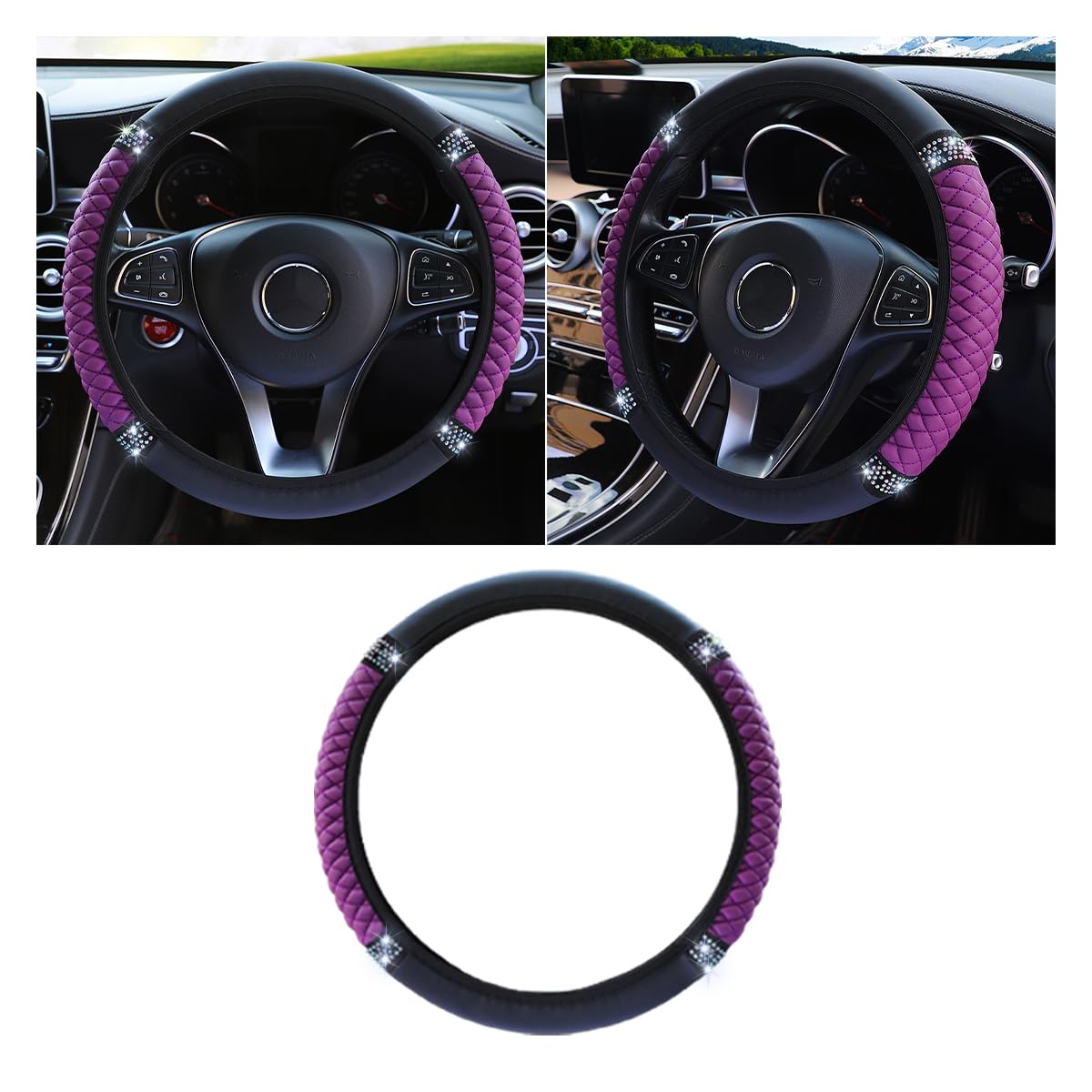 JOYCOURT 15 Inch Bling Soft Leather Car Steering Wheel Cover, Purple