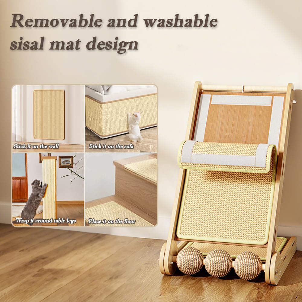 Rascador para gatos en forma de L, almohadilla para rascar gatos de pie con tapete rascador de sisal natural, almohadilla plegable para proteger los arañazos con juguete de bola para interiores (60 x