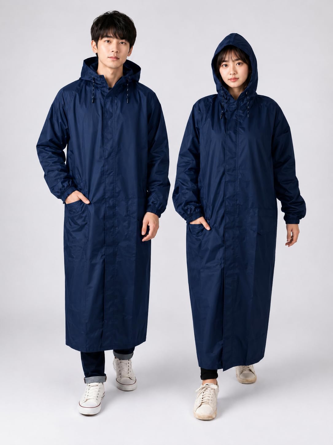 Unisex Long Raincoat, Navy Blue, Zip Closure, Hooded with Drawstring, Side Pockets, Elastic Cuffs-picture-17
