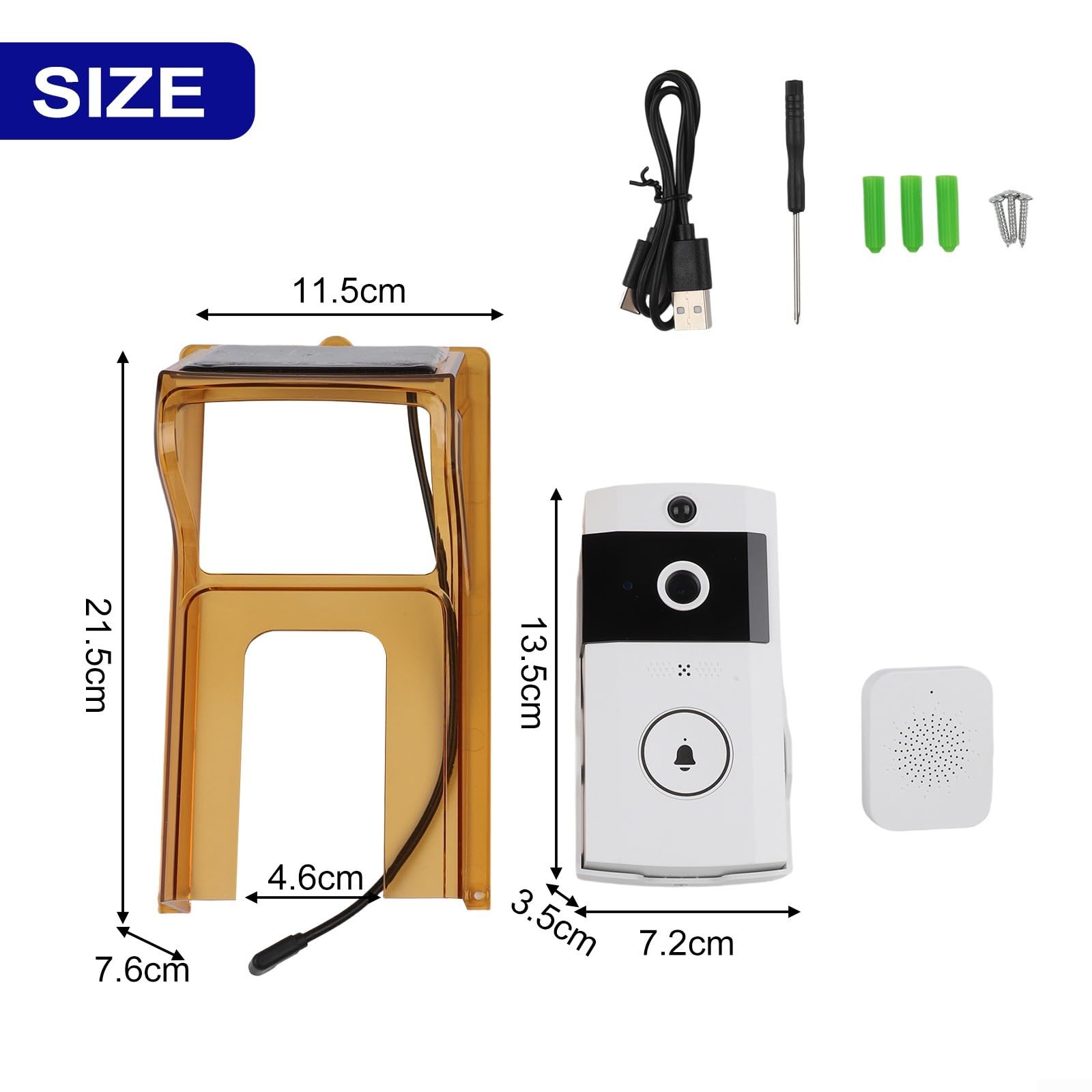 Campanello a energia solare, copertura antipioggia per campanello senza batteria, copertura per pannello solare per visione notturna, custodia impermeabile, citofono bidirezionale (con campanello)