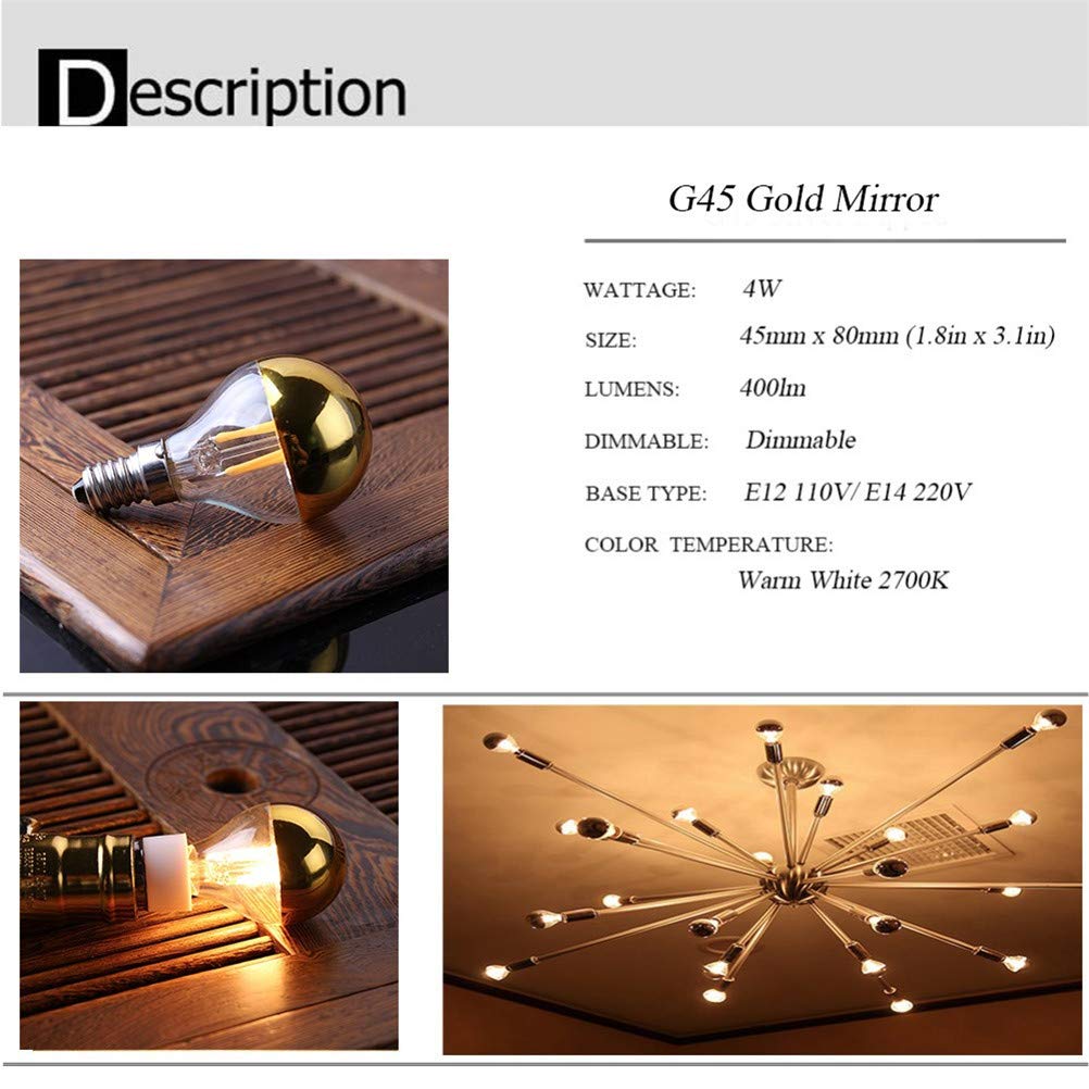 Oro Specchio Bubble G45 del globo della luce del filamento della lampadina LED, 4W / E14 bianco caldo 2700K LED Illuminazione decorativa, Per la casa lampadina dimmerabile,10pcs