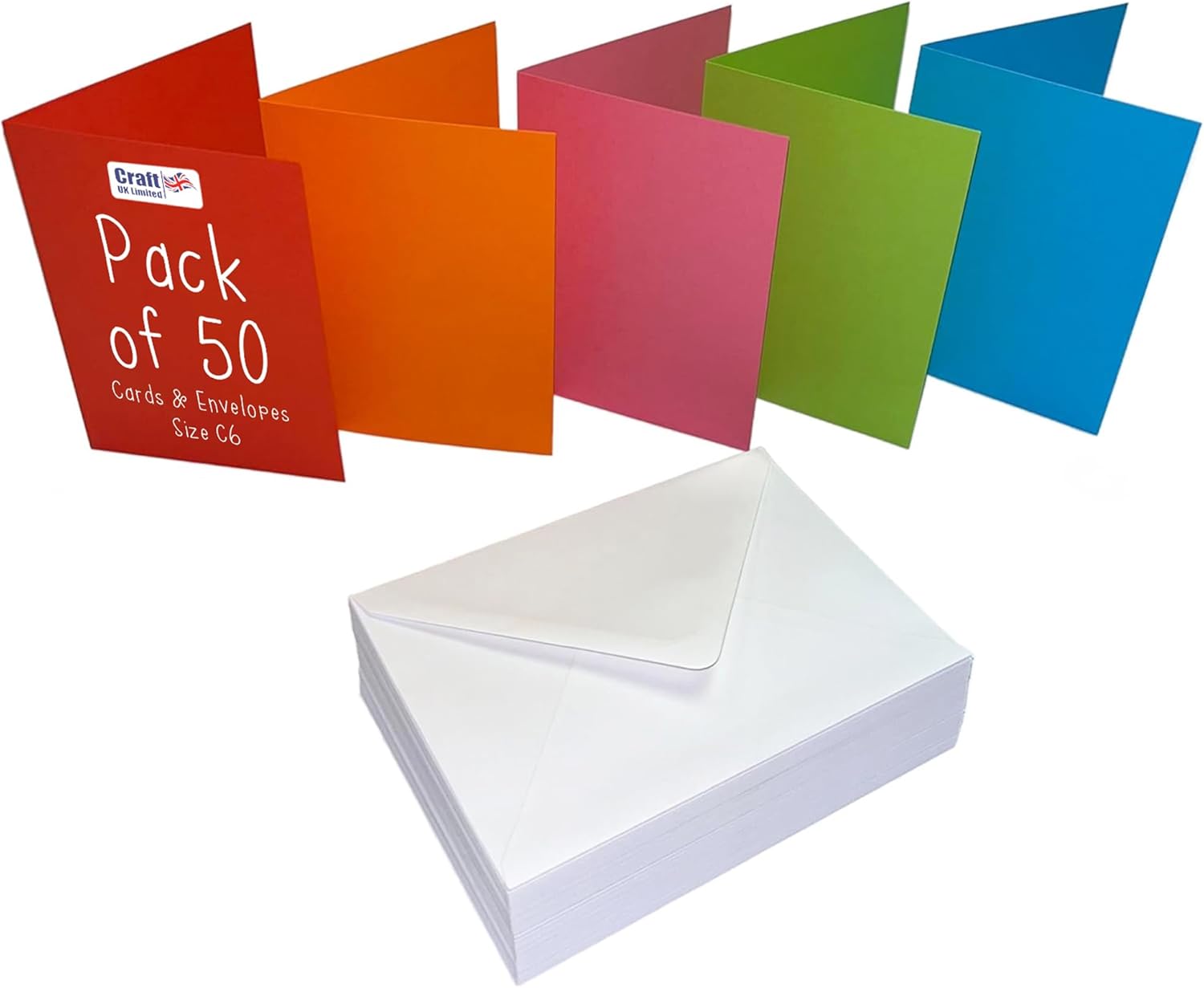 Craft UK 2483 C6 Card and Envelope Pack of 50 - Mixed Colours White Envelopes