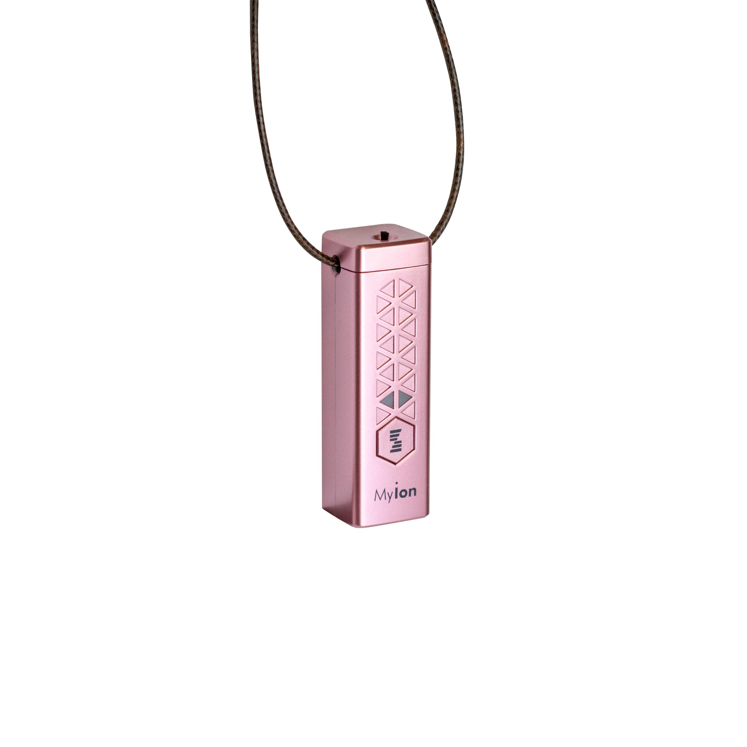 Myion Purificatore d’aria portatile (Rosa) – Ionizzatore personale, 18 M ioni/cm³, zona 30 cm, batteria 3,7 V/200 mAh, fino a 10 h, ricarica USB, leggero & compatto