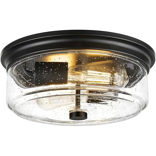 Black Flush Mount Ceiling Light Fixtures, 12 Inch 2-Light Light Fixtures Ceiling Mount with Seeded Glass Lampshade, Farmhouse Ceiling Light for Kitchen, Hallway, Bedroom, Entryway
