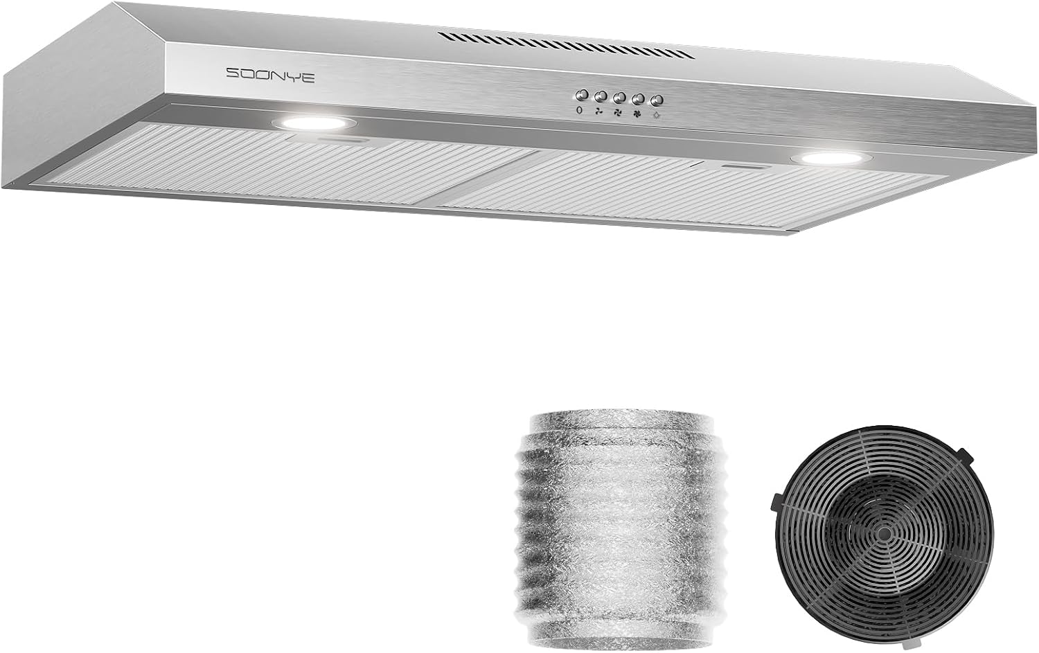 Under Cabinet Range Hood 30 inch, 250 CFM Exhaust Fan with 3-Speed Control, Stainless Steel, 5-Layers Reusable Aluminum Filter, Convertible Ducted/Ductless, LED Lights and Carbon Filters