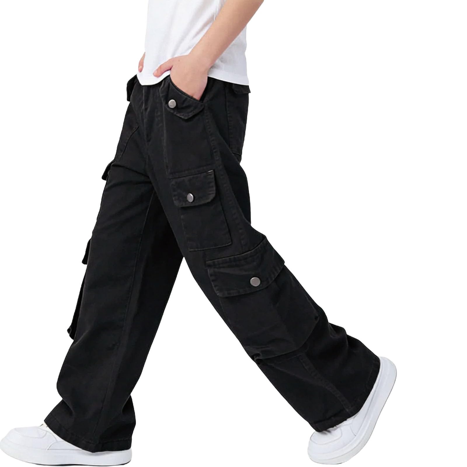 Pantalones Vaqueros para Niñas y Niños Holgados Vaqueros de Pierna Ancha Casuales Cintura Elástica Pantalon de Trabajo de Mezclilla Moda Hip Hop Streetwear Versátil Cargo Jeans Ropa Niño Niña