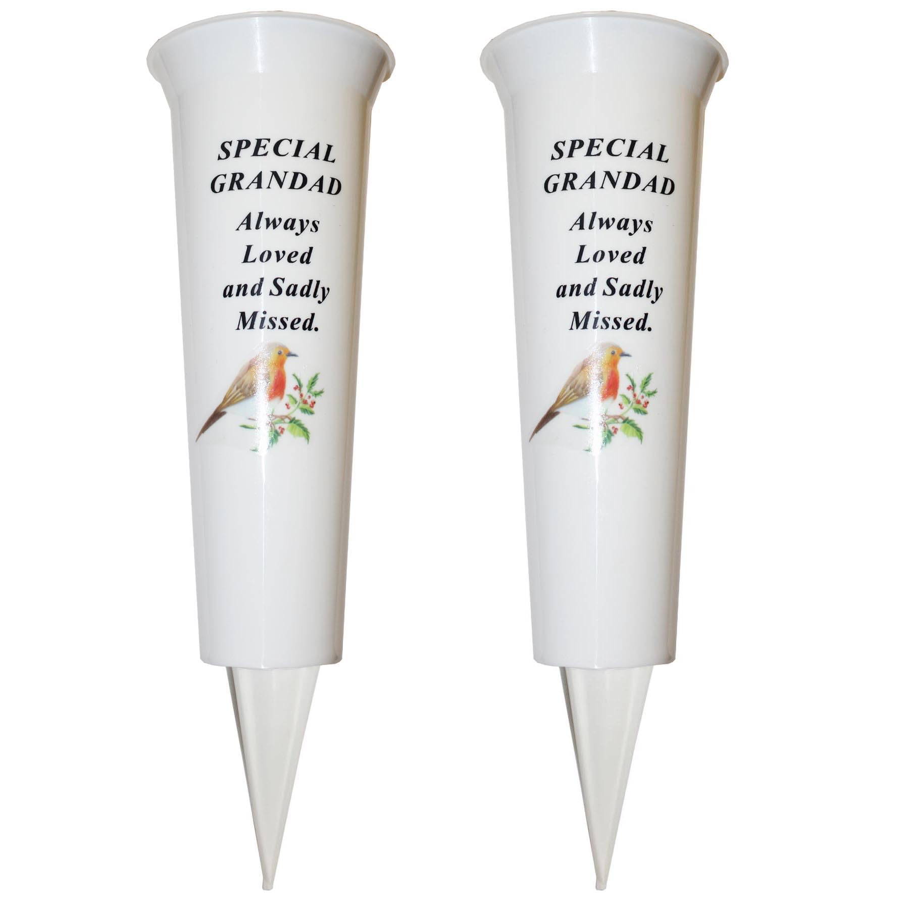 Widdle Gifts Special Grandad Set Of 2 Memorial Grave Flower Pot - 33Cm Tall Sturdy White Memorial Graveside Flower Vase With Spike And Robin Image (Special Grandad)