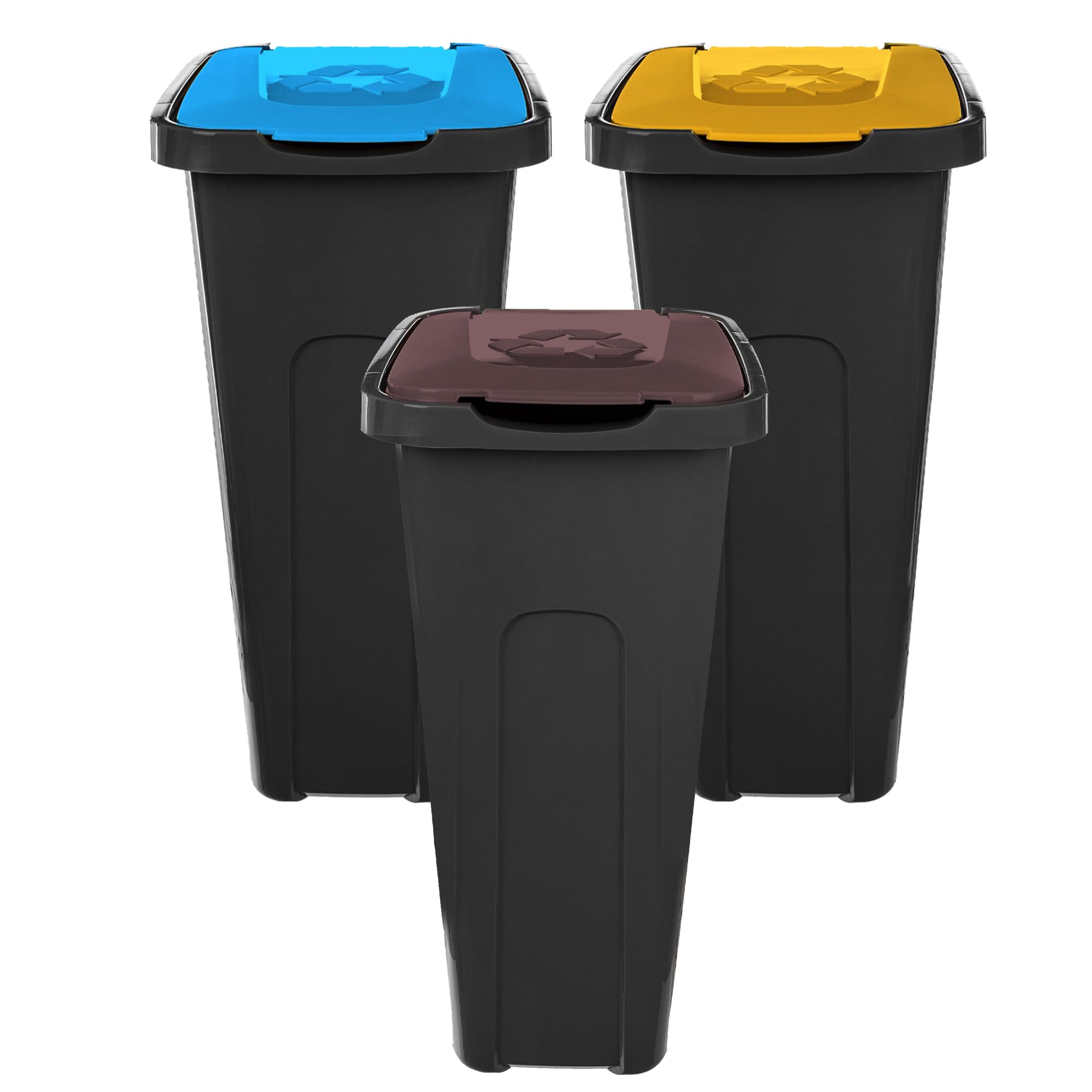 KADAX Juego de cubos de basura de 3 x 30 l, juego de cubos de basura para sistema de reciclaje, cubo de basura de plástico con tapa abatible (3, marrón, amarillo y azul)