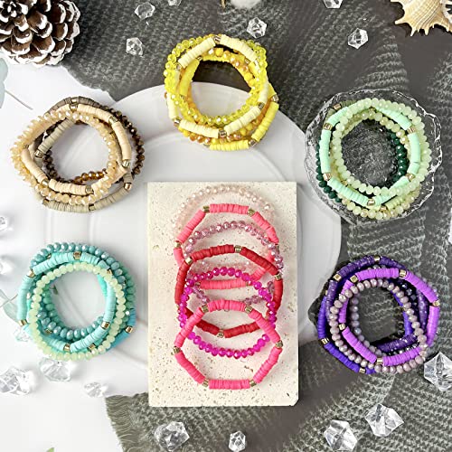 Jewpark 36Pcs Bohemian Multi-Layer Beaded Stacking Statement Bracelets Versatile Strand Stretch Sparkly Crystal Beads & Heishi Wrap Slip-On Cuff Bangle Set For Women #TOP4