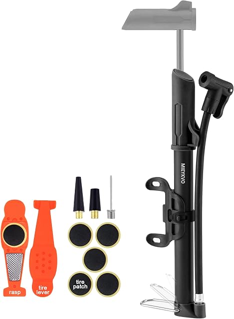 Mini Bike Pump comes with Tire Repair Kit, convertible Presta and Schrader valve, 120 PSI Bicycle Air Portable Inflator with Nozzle Kit, Frame mount for mountain road bike BMX, Ball Pump Needles