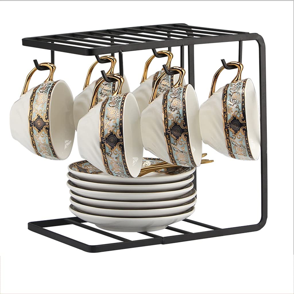 Teetassen-Set Teetassen-Set mit Untertasse Metallständer Teelöffel Luxus-Teetassen-Set Kaffee-Tee-Geschenksets für Kaffeegetränke (Schwarz 2)