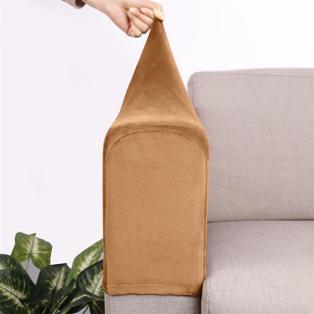 Hearda Velvet Sofa Armrest Protectors, 2/4/6PCS/Set Stretch Fit Armrest Covers Chair Couch Arm Protector, Non-Slip Sofa Arm Caps Slipcovers, for Armchairs, Sofas (Brown,Set of 6)