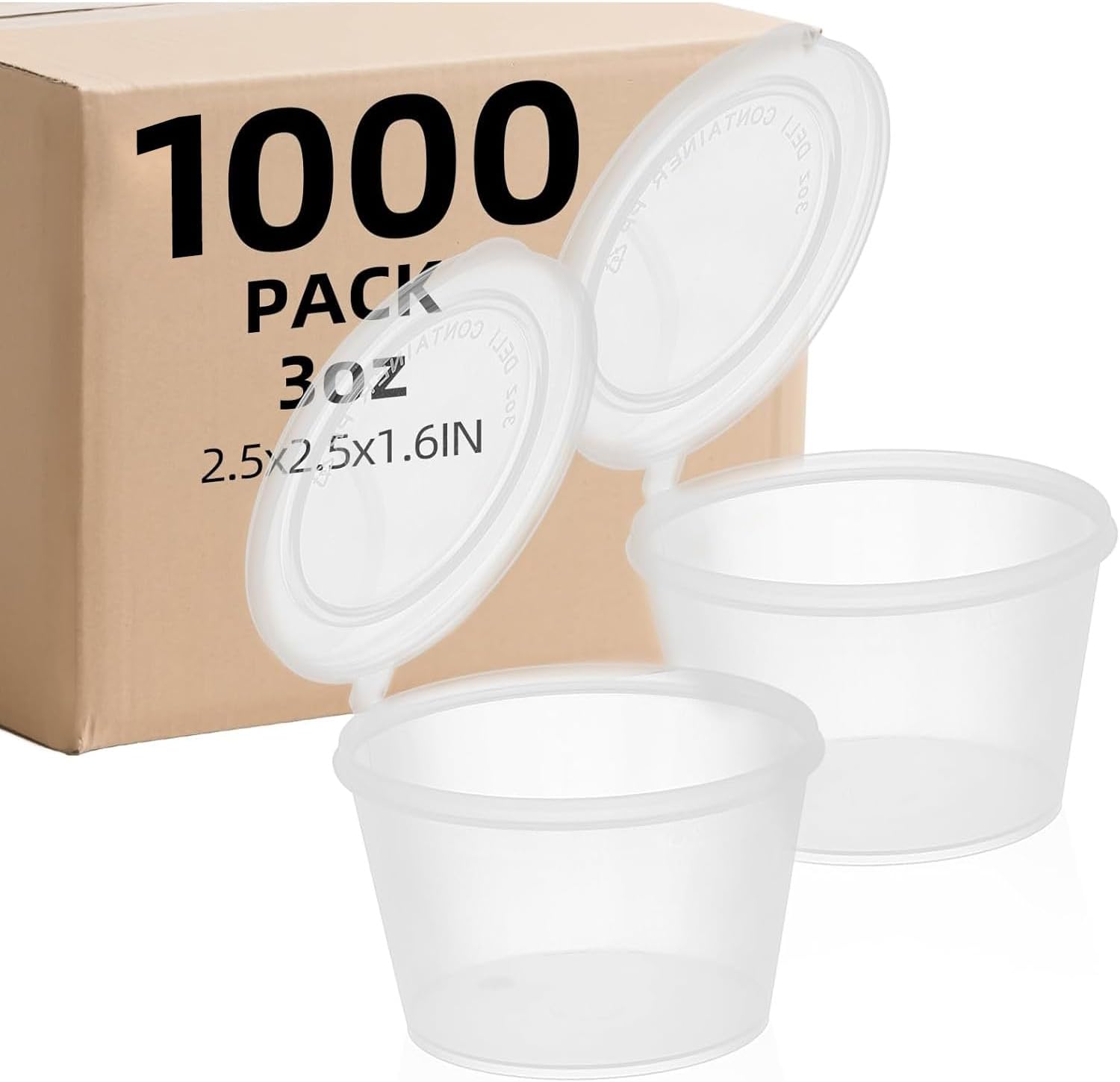 5.5oz 1000 Pcs Clear Portion Cups with Hinged Lids - BPA Free Plastic Containers with Lids, Oval, 47mm x 100mm, Leakproof & Stackable Reusable Deli Condiment Cups