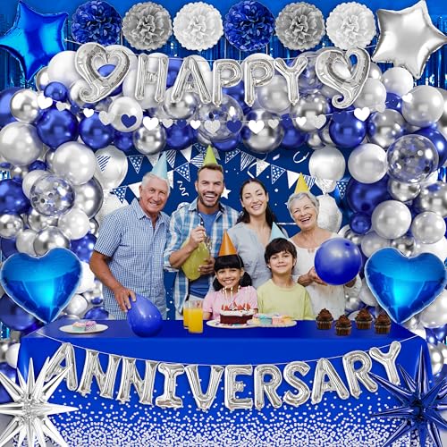 Image of Happy Anniversary Party Decoration 101Pcs, Blue and Silver Anniversary Party Supplies Backdrop Banner Blue and Silver Balloon Arch Kit Tablecloth for Wedding Anniv. Decor