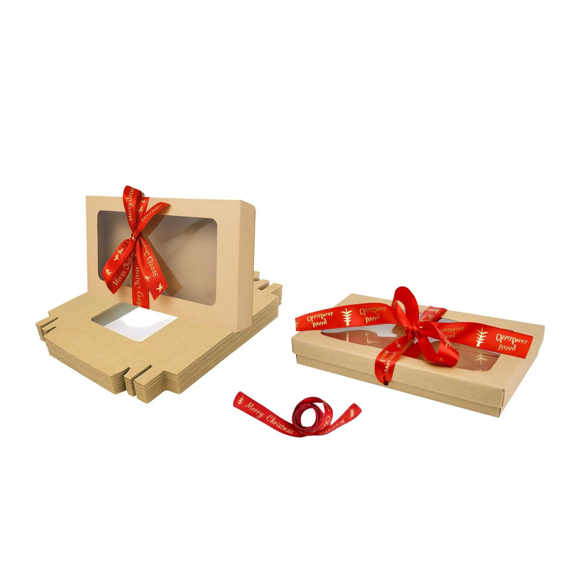 Emartbuy Pack of 96 Brown Gift Boxes with Clear Window Lid & Christmas Red Satin Ribbon - Large Wide 29.5 x 22 x 4.5 cm - Recyclable Kraft Presentation Box for Hampers, Treats, Weddings & Favours