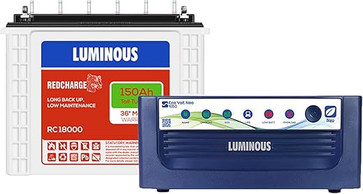 Luminous Inverter & Battery Combo (Eco Volt Neo 1050 Pure Sine Wave 900VA/12V Inverter, Red Charge RC18000 Tall Tubular 150Ah Battery) for Home,...